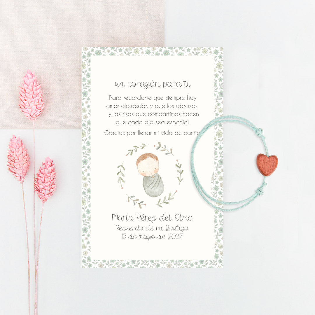 Pulsera Corazón con Tarjeta para Invitados de Bautizo
