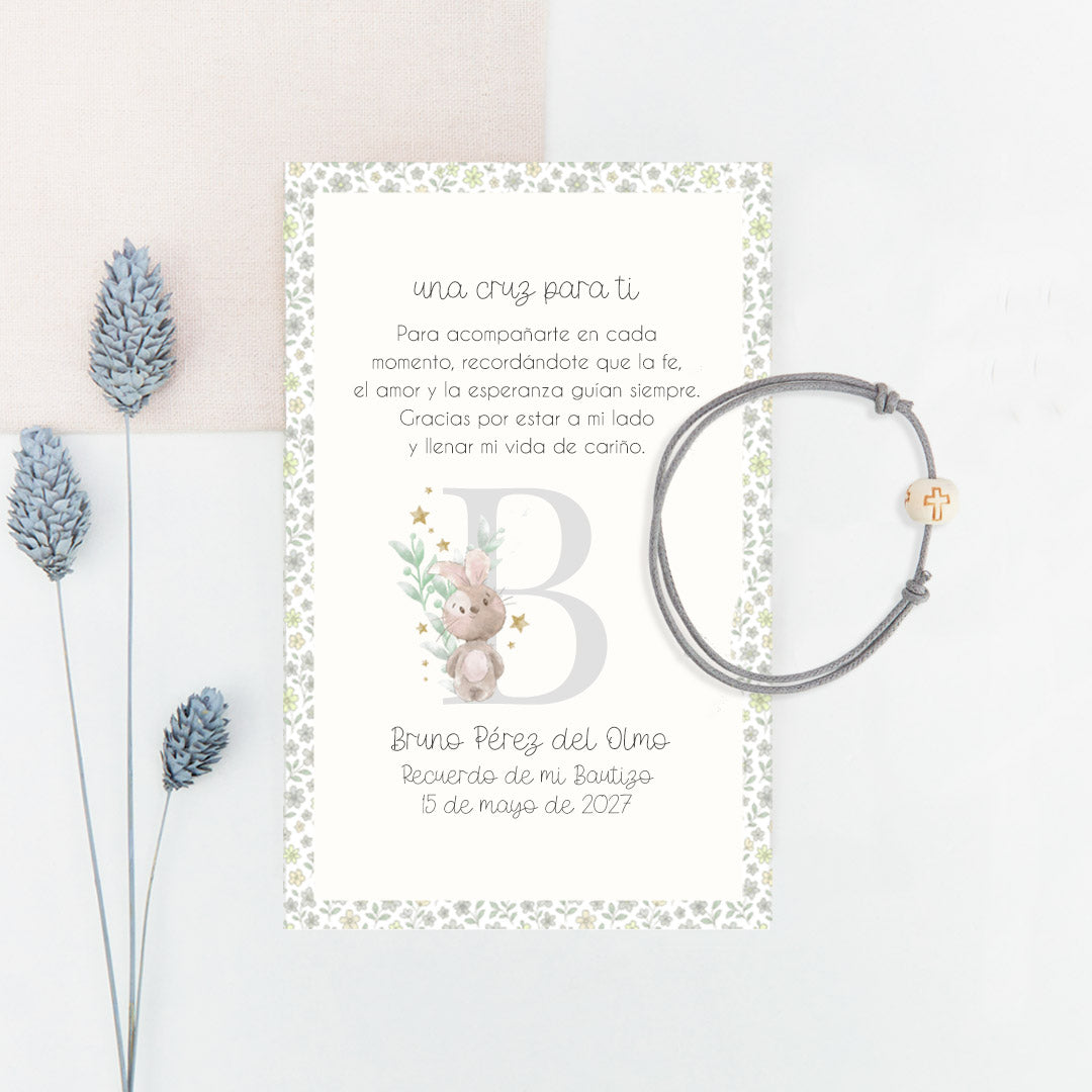 Pulsera Cruz con Tarjeta para Invitados de Bautizo