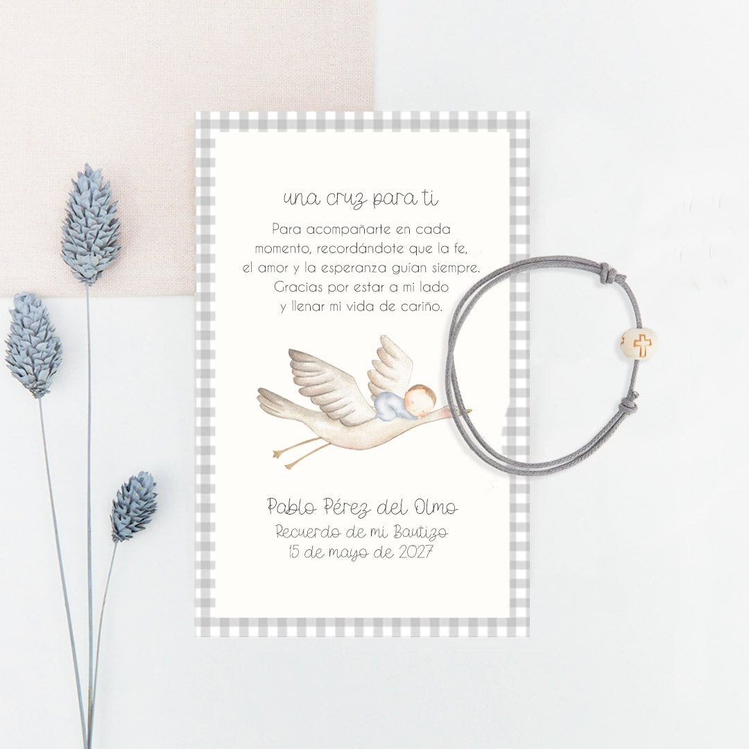 Pulsera Cruz con Tarjeta para Invitados de Bautizo