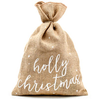 Detalle del saco de yute natural para regalos navideños