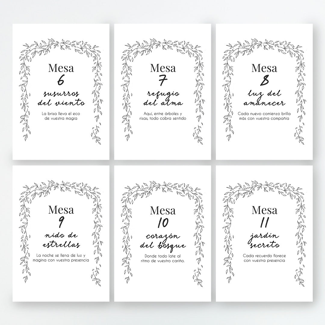 Meseros de la colección Bosque Secreto para Boda. Mesas de la seis a la doce. 