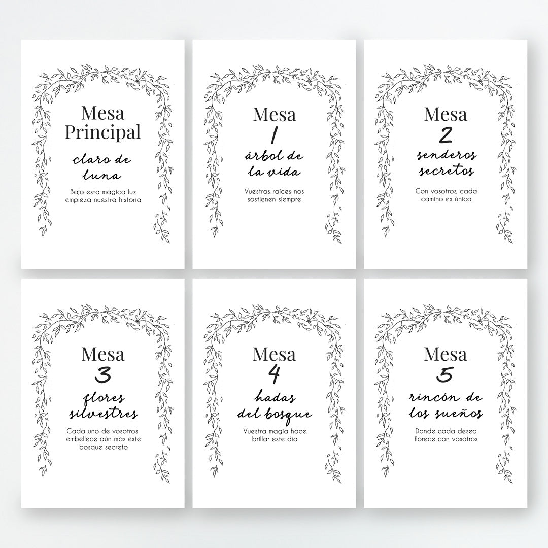 Meseros de la colección Bosque Secreto para Boda. Mesas de la uno a la seis. 