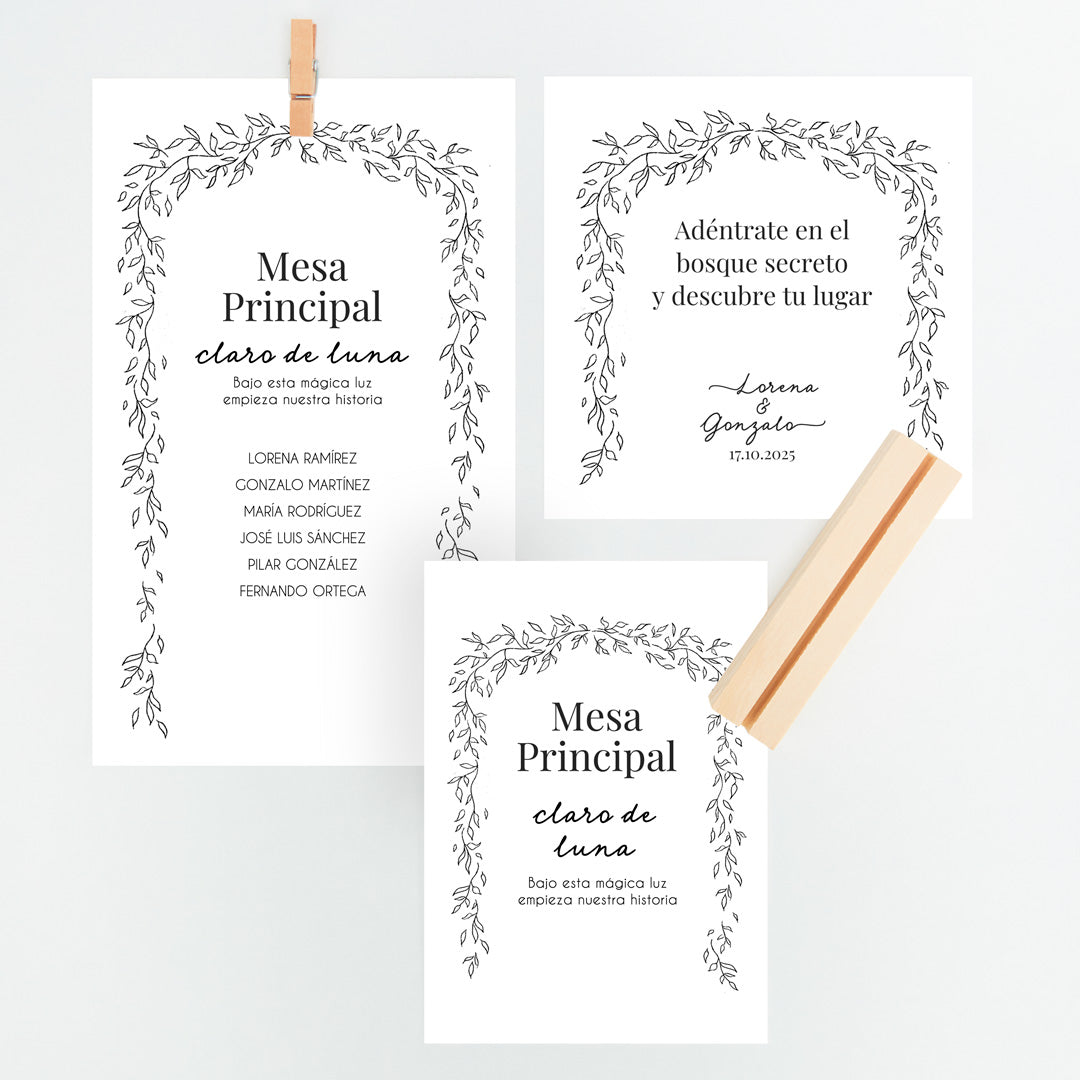 Conjunto de Mesero y Seating Plan para Boda de la Colección Bosque Secreto. 