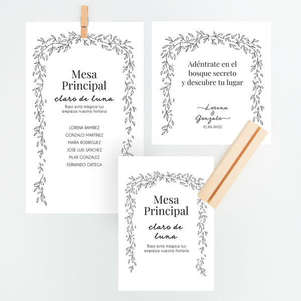 Conjunto de Mesero y Seating Plan para Boda de la Colección Bosque Secreto. 