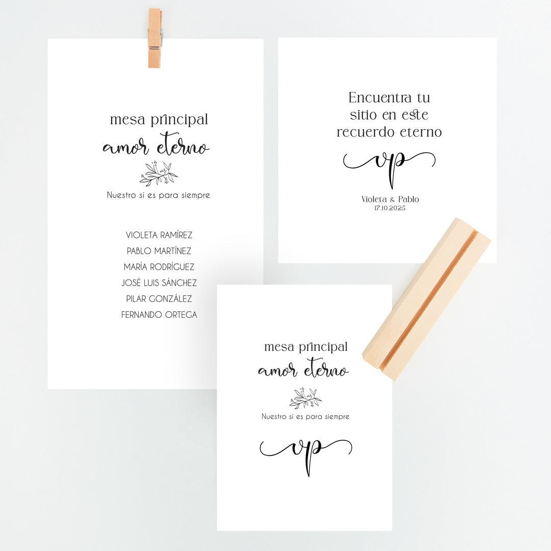 Conjunto de Mesero y Seating Plan de la Colección Eterna para Boda. 