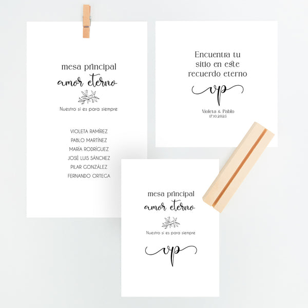 Conjunto de Mesero y Seating Plan de la Colección Eterna para Boda. 