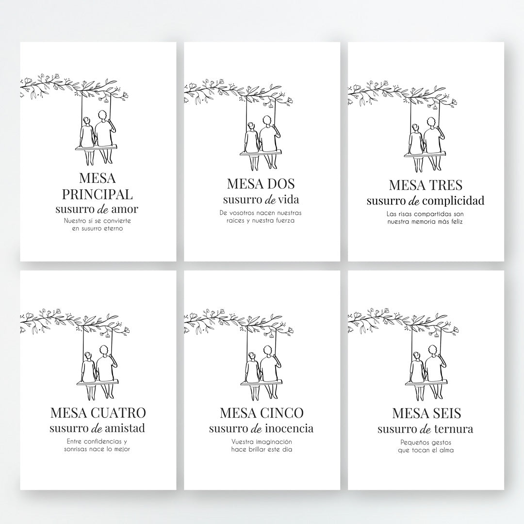 Meseros de la colección Susurros para Boda. Mesa de la uno a la seis.