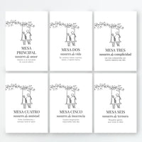 Meseros de la colección Susurros para Boda. Mesa de la uno a la seis.