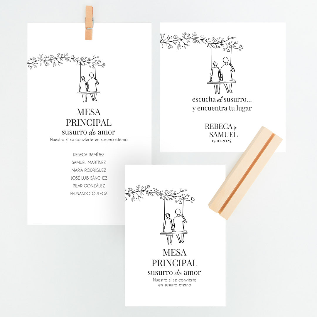 Conjunto de Mesero y Seating Plan para Boda de la colección Susurros para Boda.