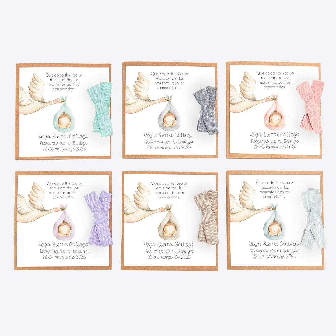 opciones para el corazón de semillas como detalle de invitados de bautizo de la colección cigüeña