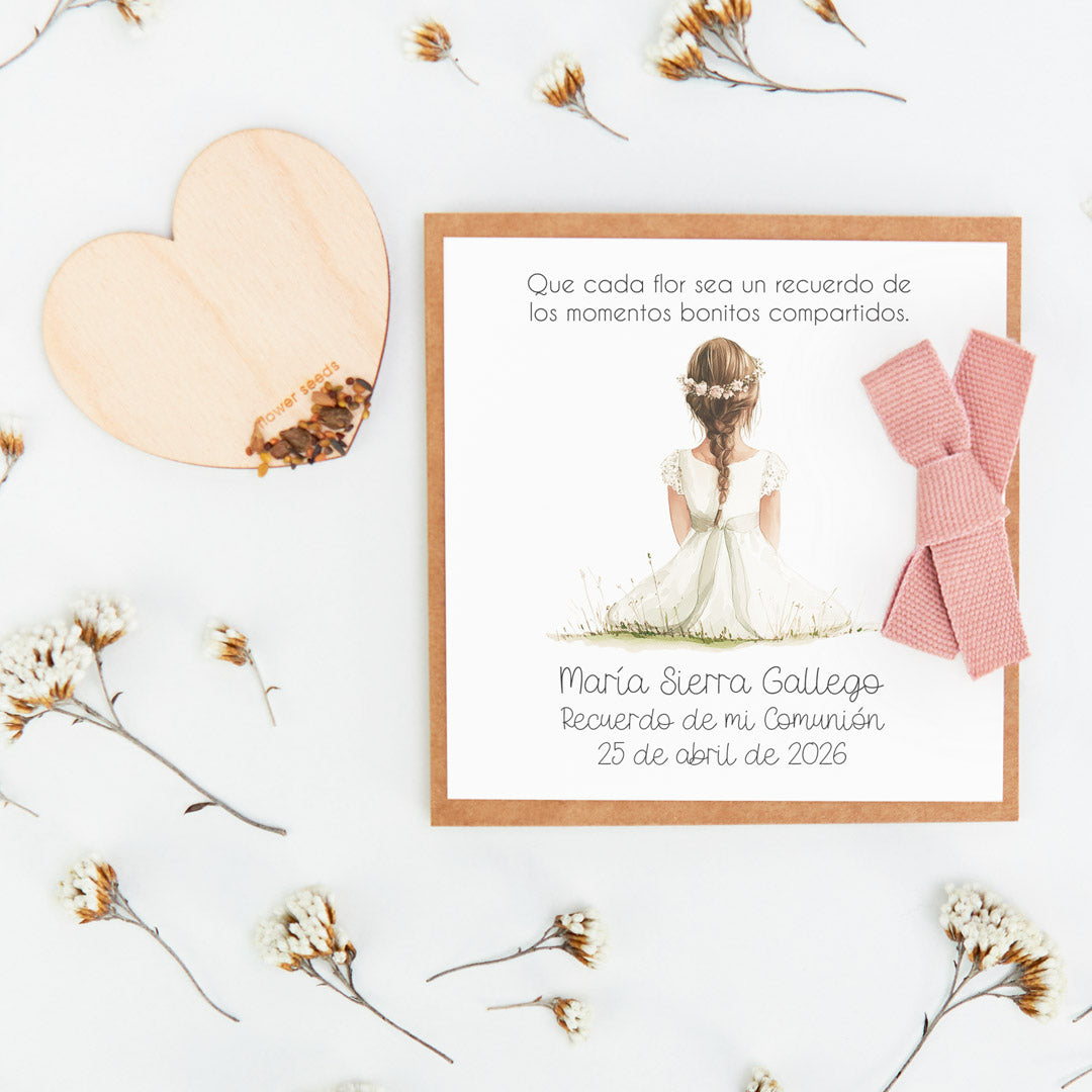 corazón de semillas como detalle de invitados de comunión de la colección boho