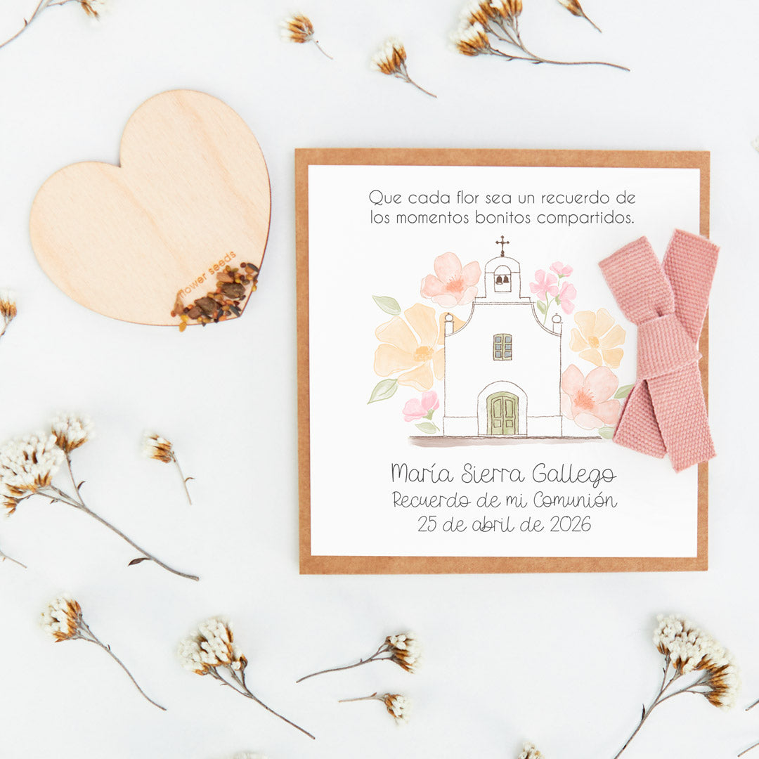 corazón de semillas como detalle de invitados de comunión de la colección iglesia