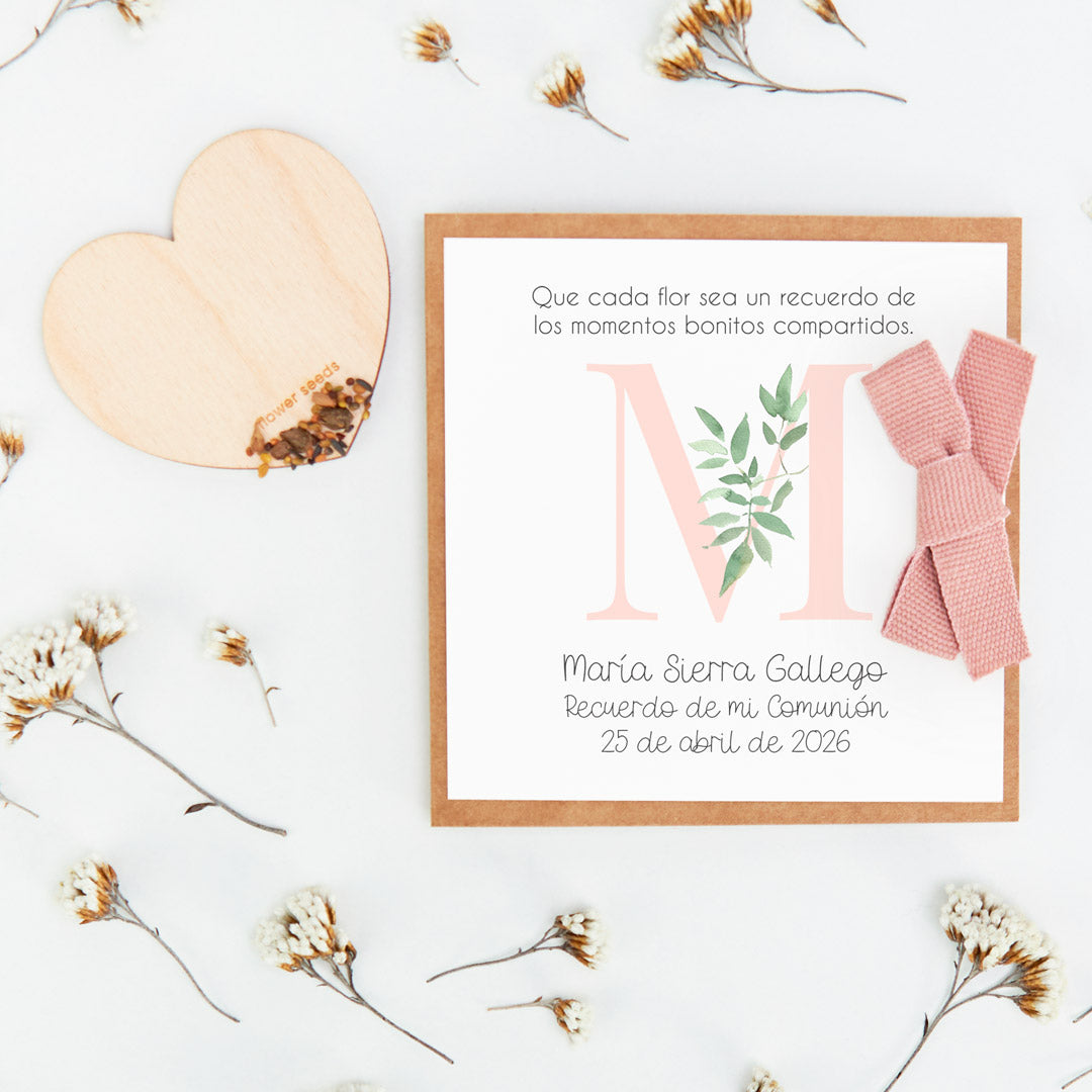 corazón de semillas como detalle de invitados de comunión de la colección inicial