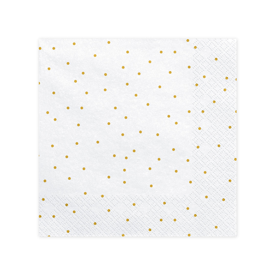 Servilletas de papel blancas con estampado de topos dorados. Pack de 20 unidades (33 × 33 cm).