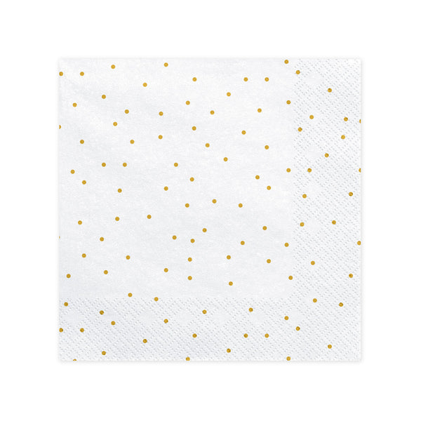 Servilletas de papel blancas con estampado de topos dorados. Pack de 20 unidades (33 × 33 cm).