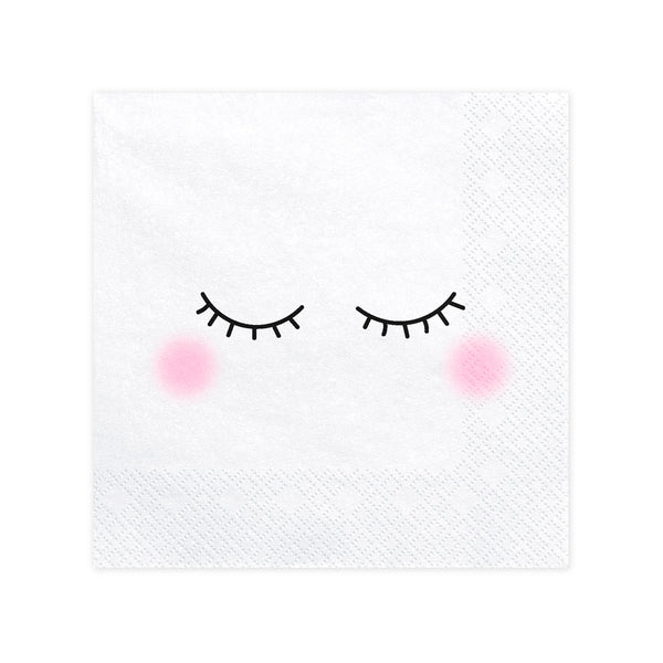 Detalle del diseño de carita en las servilletas de papel blancas. Pack de 20 unidades, 33 × 33 cm.