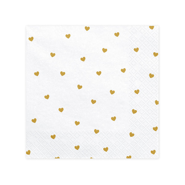 Detalle del estampado de corazones dorados en las servilletas de papel blancas. Pack de 20 unidades (33 × 33 cm).