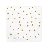 Detalle del estampado de estrellas doradas en las servilletas blancas de papel. Pack de 20 unidades (33 × 33 cm).