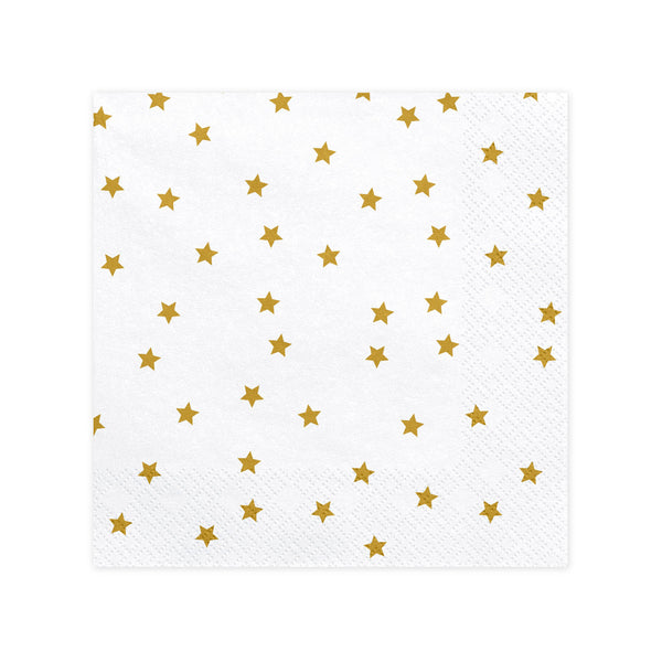 Detalle del estampado de estrellas doradas en las servilletas blancas de papel. Pack de 20 unidades (33 × 33 cm).