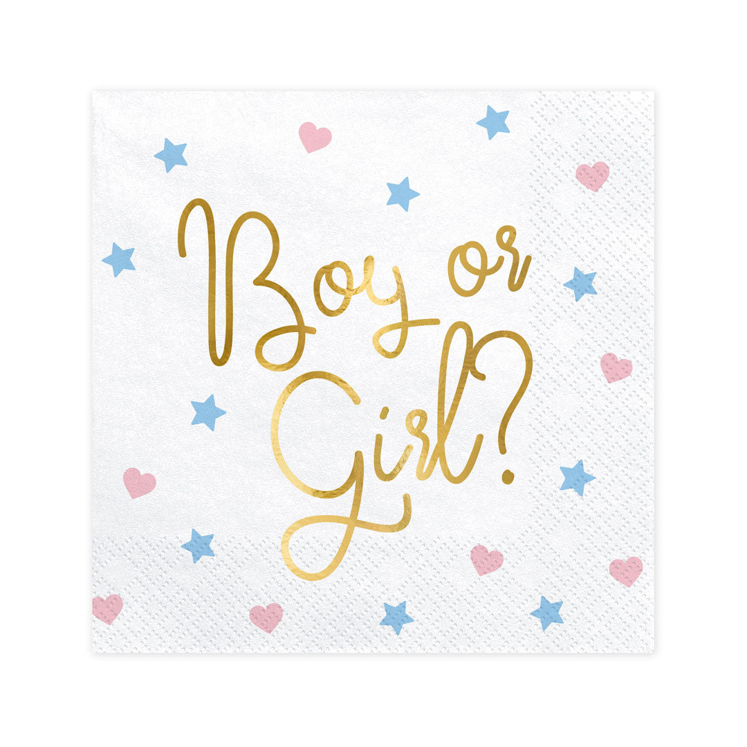 Detalle de la inscripción Boy or Girl en letras doradas con estrellas azules y corazones rosas