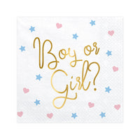 Detalle de la inscripción Boy or Girl en letras doradas con estrellas azules y corazones rosas