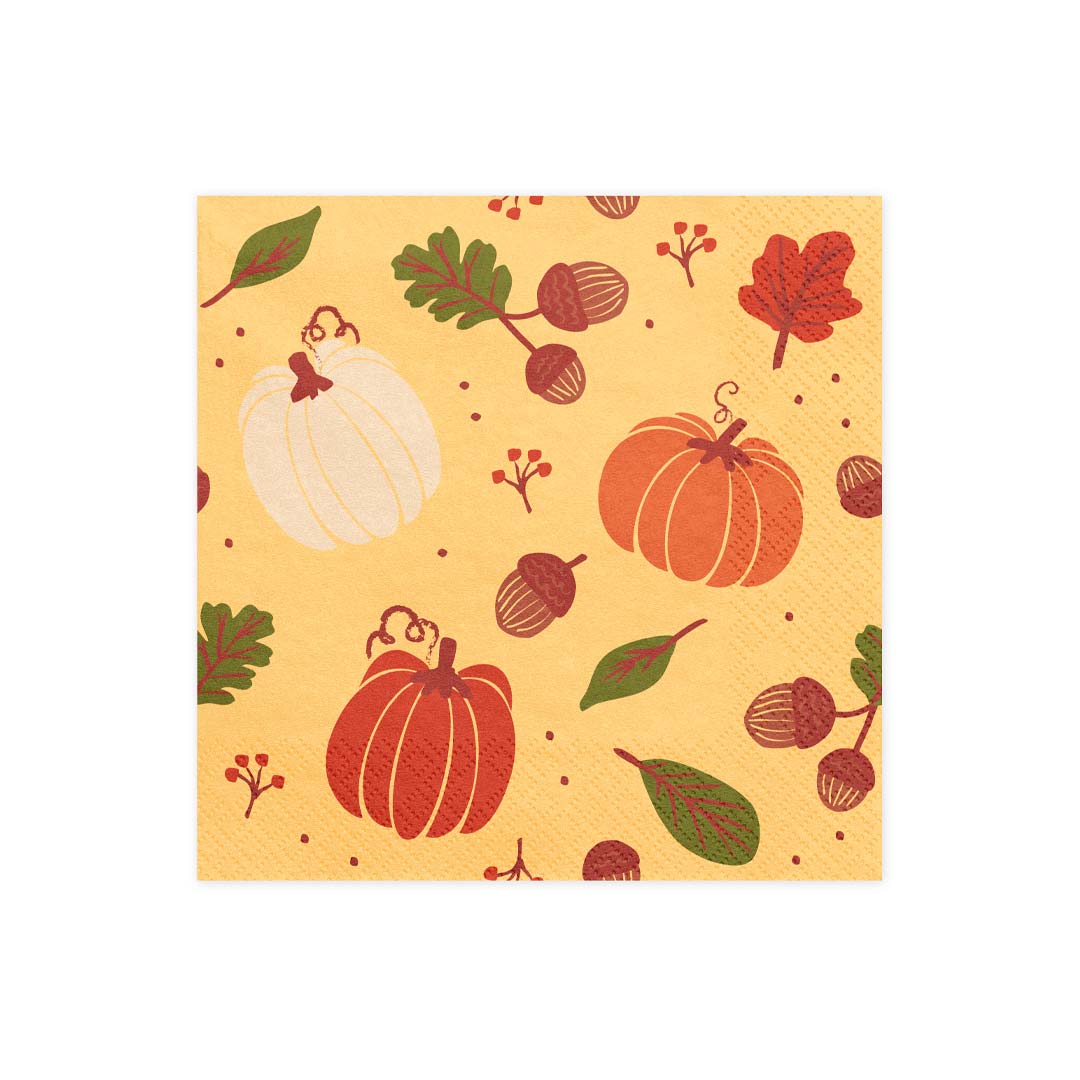 Detalle de las servilletas de papel con calabazas, bellotas y hojas otoñales, 33x33 cm