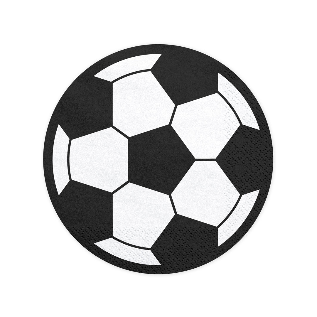 Detalle del diseño realista de balón de fútbol en negro y blanco de la servilleta de papel