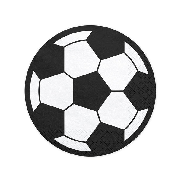 Detalle del diseño realista de balón de fútbol en negro y blanco de la servilleta de papel