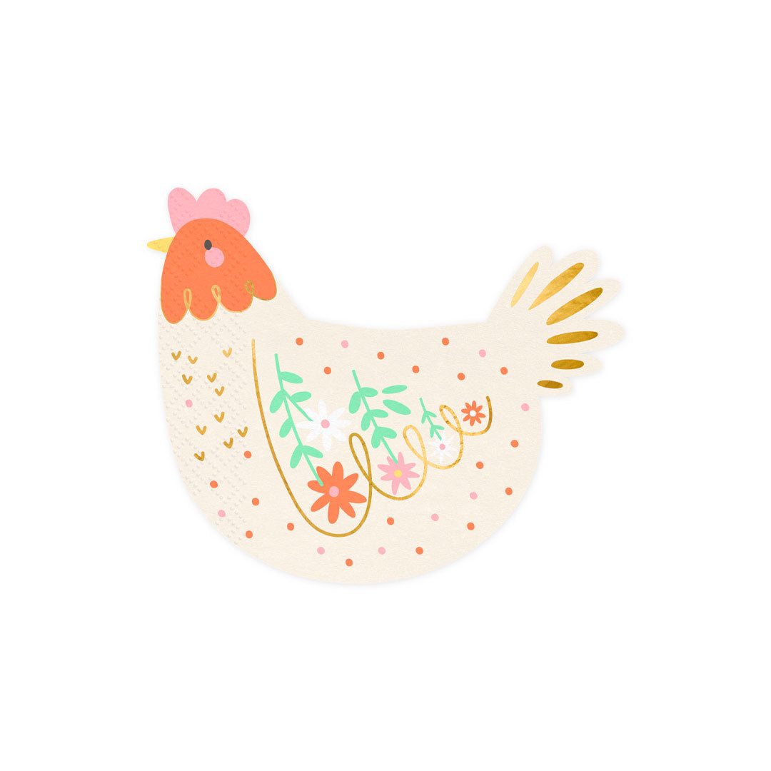 Detalle de la servilleta con forma de gallina, flores y acabado dorado