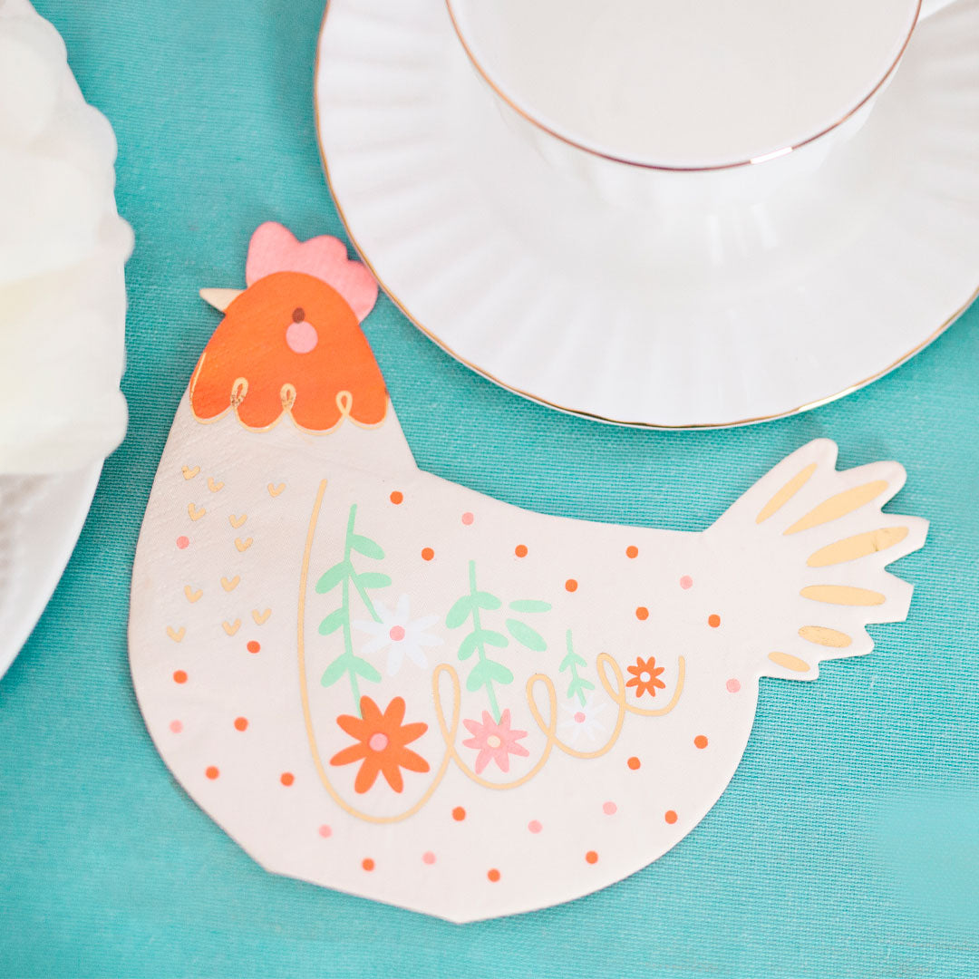 Servilleta de papel con forma de gallina y detalles dorados para fiesta animales de granja