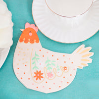 Servilleta de papel con forma de gallina y detalles dorados para fiesta animales de granja