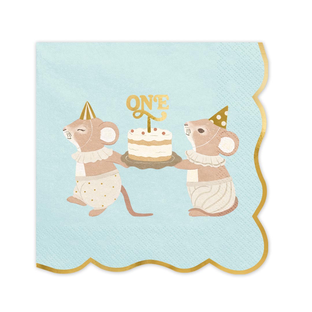 Detalle servilleta de papel ratoncitos One en azul cielo con ilustración y borde dorado