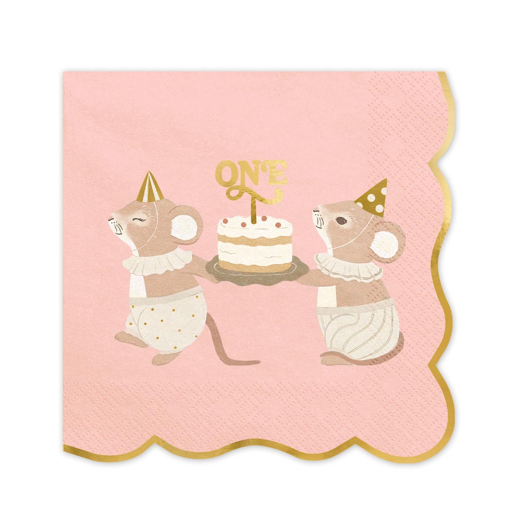 Detalle servilleta de papel ratoncitos One en rosa empolvado con ilustración y borde dorado