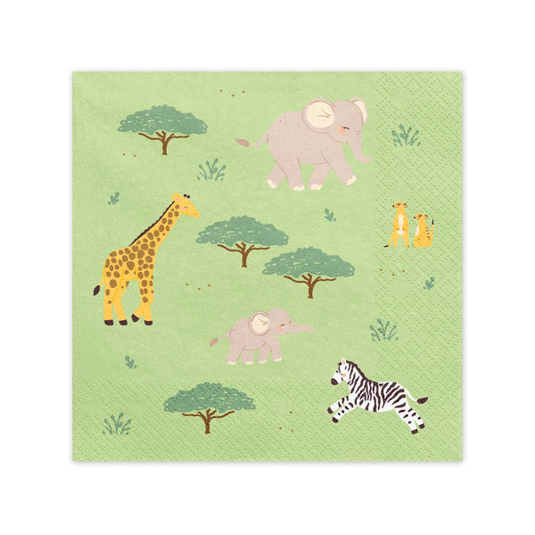 Detalle de las ilustraciones de jirafa elefante cebra y león en servilletas de papel safari