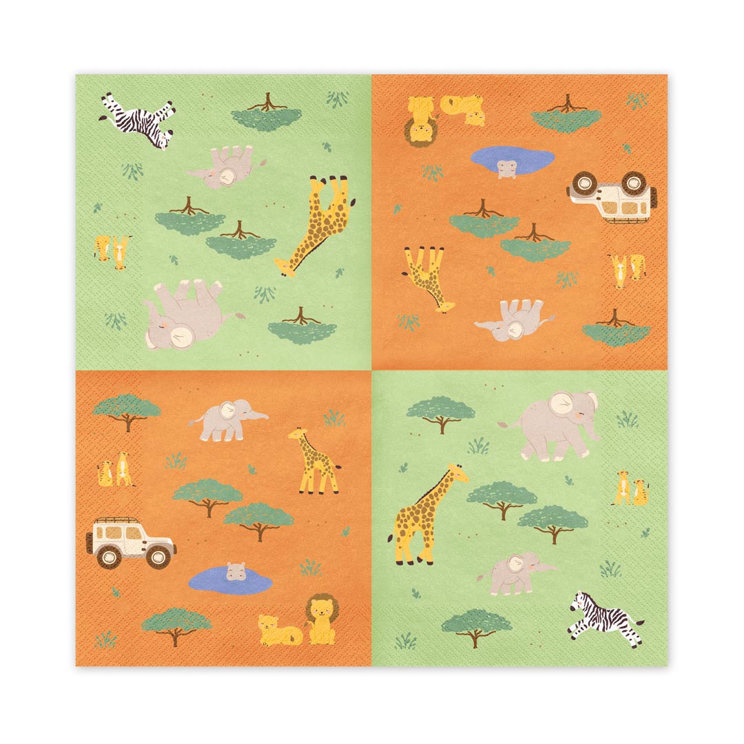 Servilletas de papel safari decorando cumpleaños infantil temático de jungla y animales salvajes
