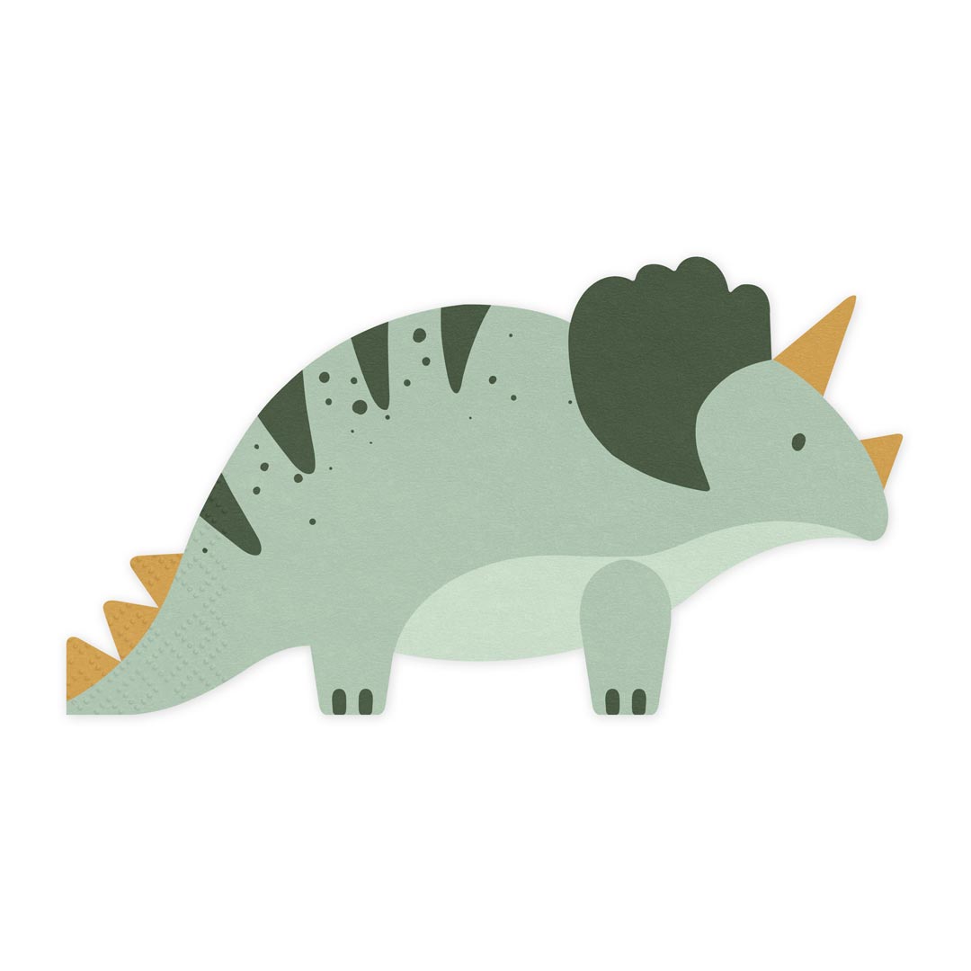 Detalle de la silueta recortada de la servilleta de papel con forma de triceratops verde y dorado
