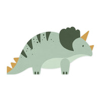 Detalle de la silueta recortada de la servilleta de papel con forma de triceratops verde y dorado