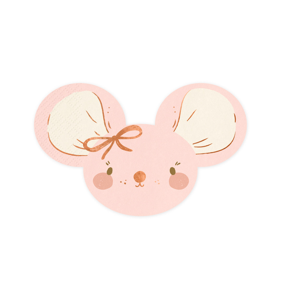 Detalle del diseño de las servilletas Ratoncita en papel rosa con estampado oro rosa. Pack de 20 uds.