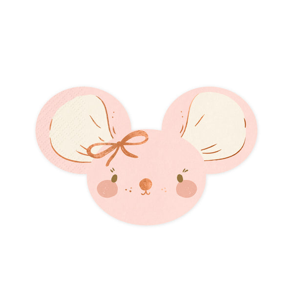 Detalle del diseño de las servilletas Ratoncita en papel rosa con estampado oro rosa. Pack de 20 uds.
