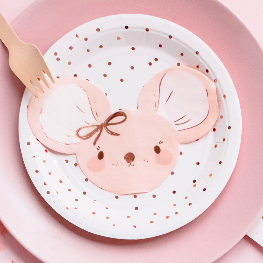 Servilletas de papel con forma de ratón en rosa claro y detalles oro rosa. Pack de 20 unidades.