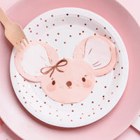 Servilletas de papel con forma de ratón en rosa claro y detalles oro rosa. Pack de 20 unidades.