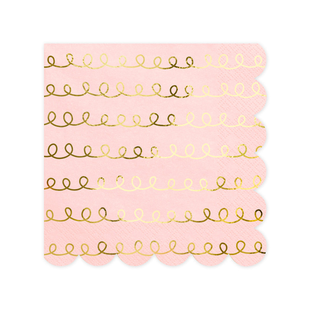 Detalle del diseño dorado en las servilletas rosa empolvado. Pack de 20 unidades, 32 × 32 cm.