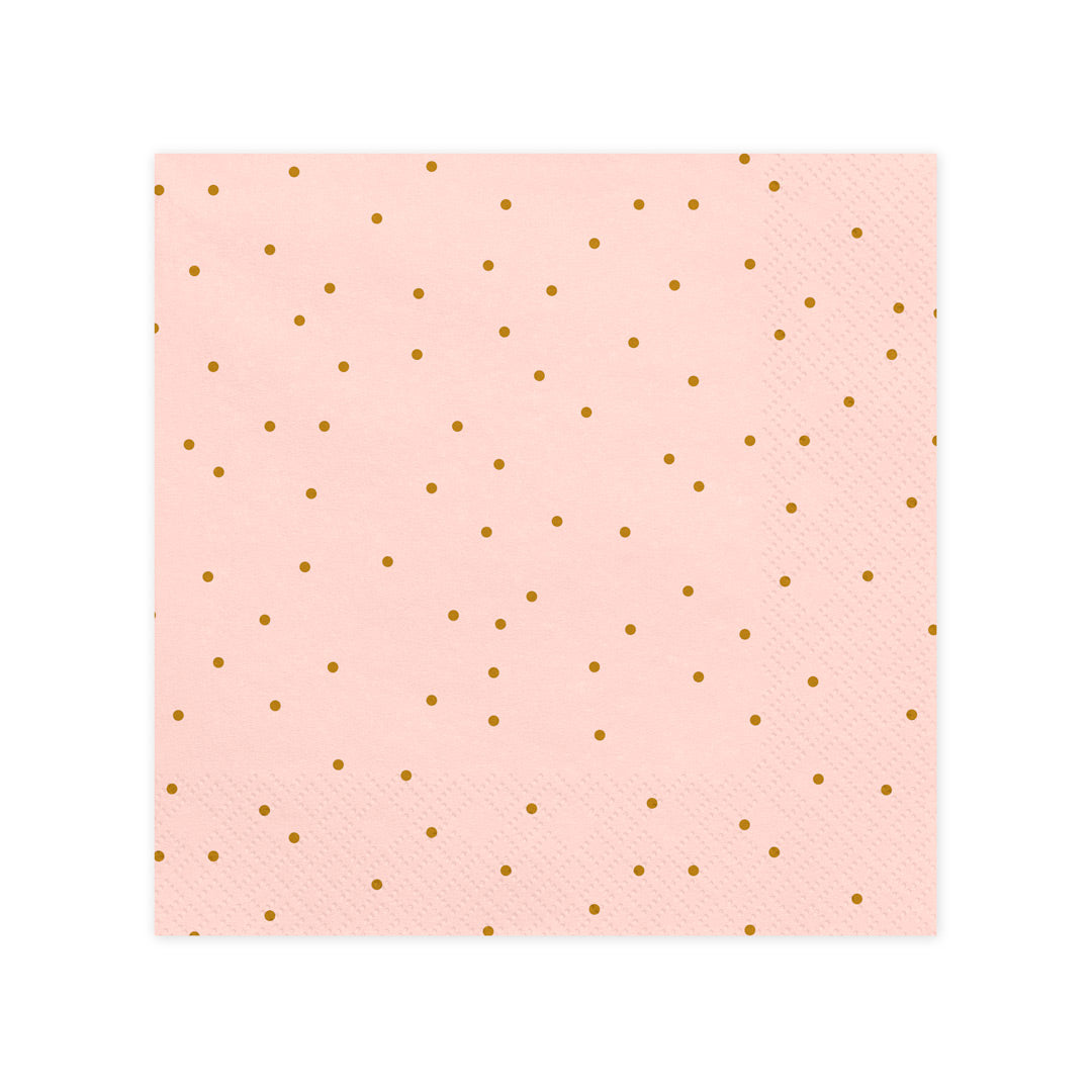 Servilletas de papel rosa claro con estampado de topos dorados. Pack de 20 unidades (33 × 33 cm).