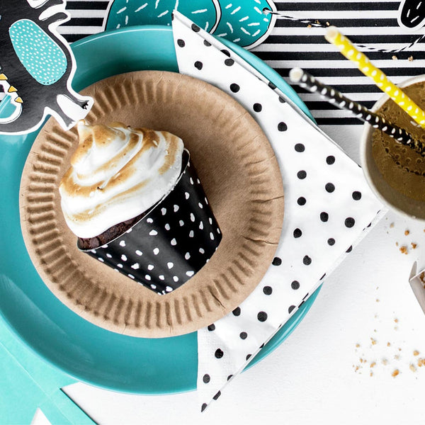 Servilletas de papel con topos en blanco y negro. Pack de 20 unidades, tamaño 33 × 33 cm.