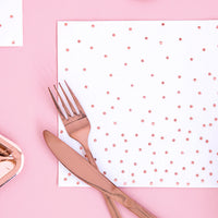 Servilletas de papel color oro rosa con estampado de topos. Pack de 20 unidades, tamaño 33 × 33 cm.