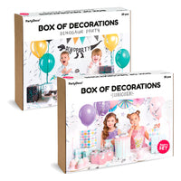 Set de decoración para fiestas infantiles con temática de unicornio o dinosaurio. Incluye globos, guirnalda y accesorios.