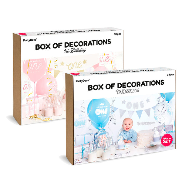 Set de decoraciones para primer cumpleaños en rosa con dorado y azul con plateado. Incluye globos, guirnalda y accesorios.