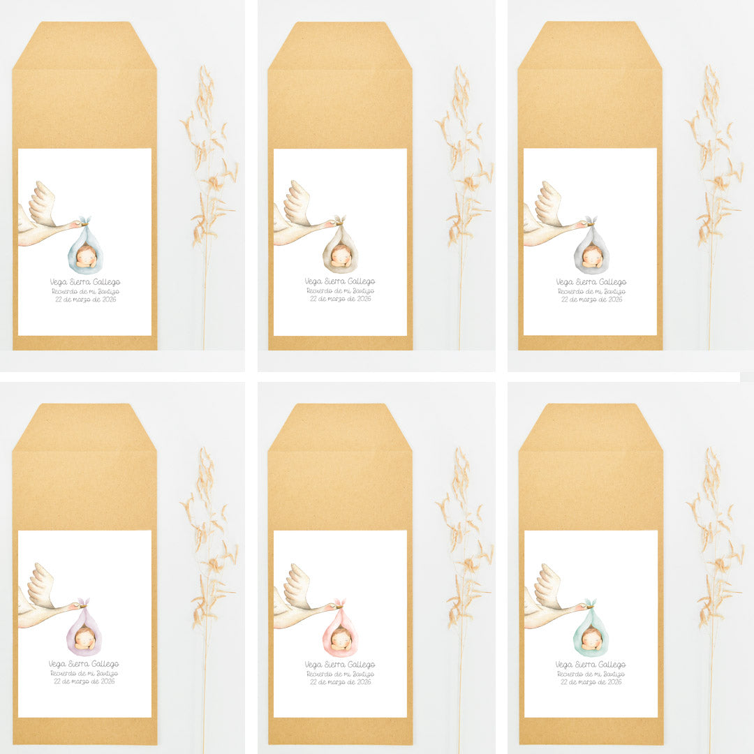 opciones de colores para el sobre como envoltorio de detalles de bautizo cigüeña