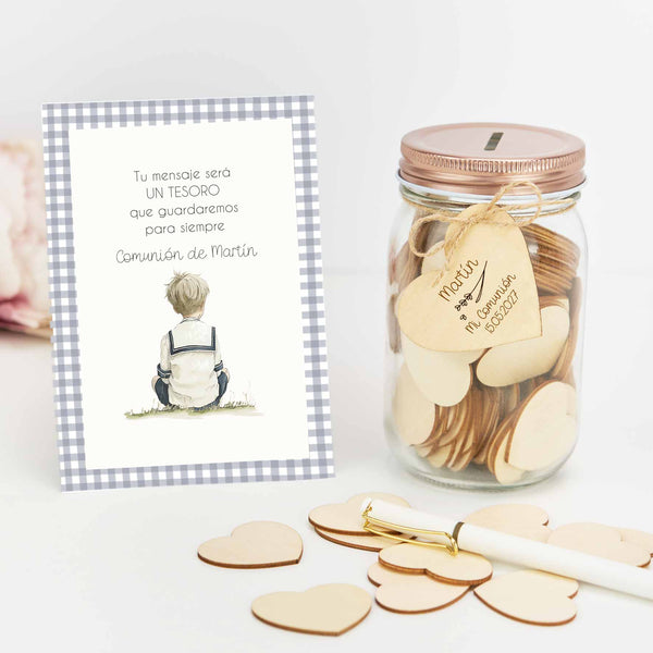 Tarro de Firmas para Comunión con Corazón Grabado y Tarjeta Personalizada