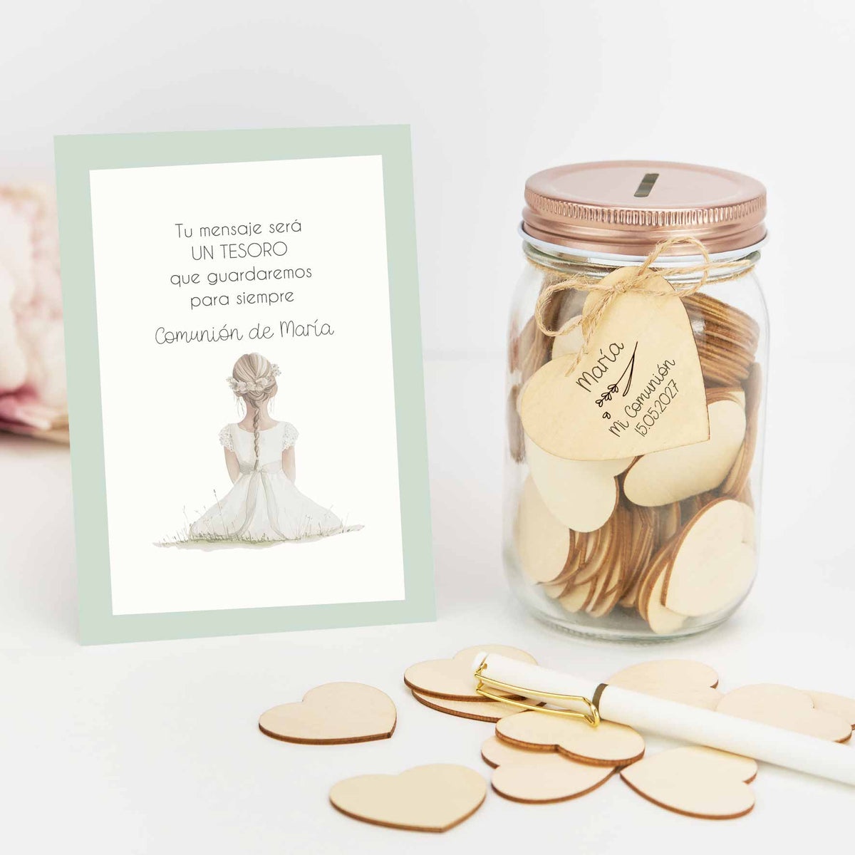 Tarro de Firmas para Comunión con Corazón Grabado y Tarjeta Personalizada